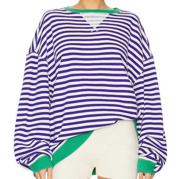 We The Free Tops - We The Free Blue and White Striped Sweater with Green Trim